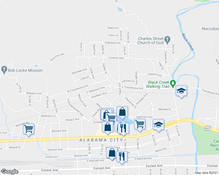 map of restaurants, bars, coffee shops, grocery stores, and more near 1 East Wilkinson Avenue in Gadsden