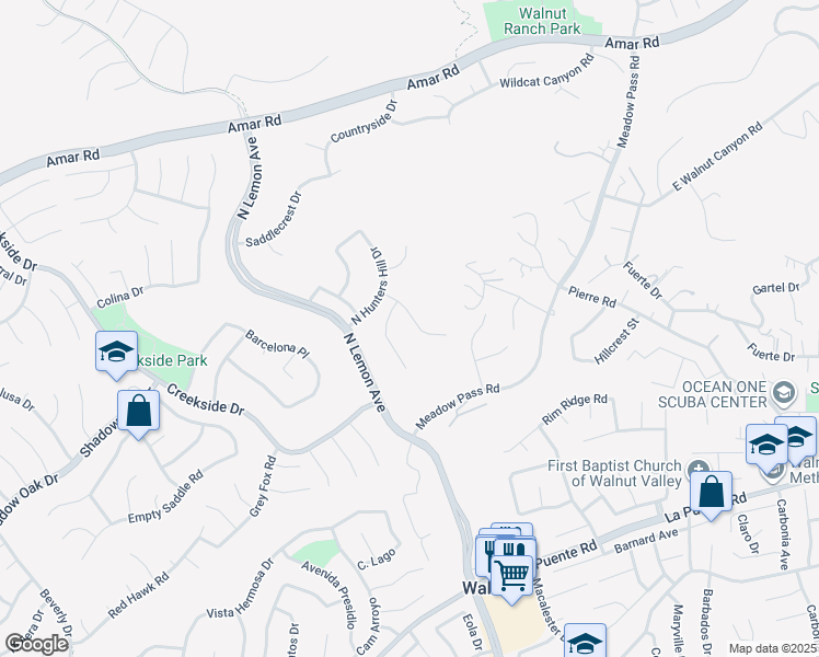 map of restaurants, bars, coffee shops, grocery stores, and more near 19852 East Round Hill Lane in Walnut
