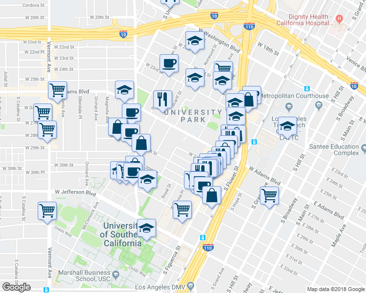 map of restaurants, bars, coffee shops, grocery stores, and more near 741 West 27th Street in Los Angeles