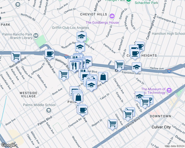 map of restaurants, bars, coffee shops, grocery stores, and more near 10234 National Boulevard in Los Angeles