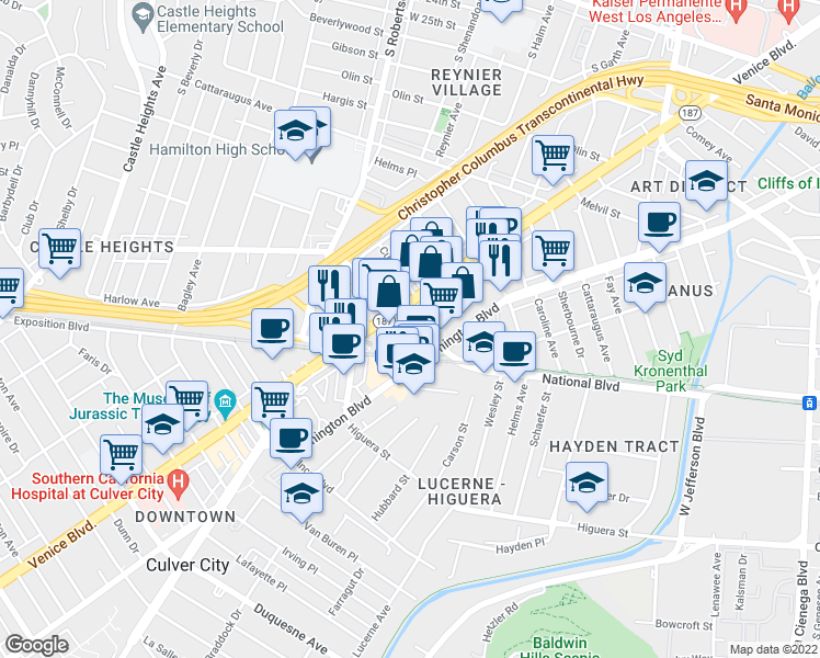 map of restaurants, bars, coffee shops, grocery stores, and more near 8908 Venice Boulevard in Culver City
