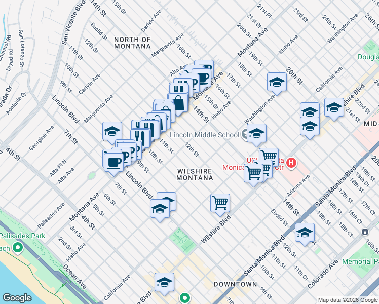 map of restaurants, bars, coffee shops, grocery stores, and more near 918 12th Street in Santa Monica