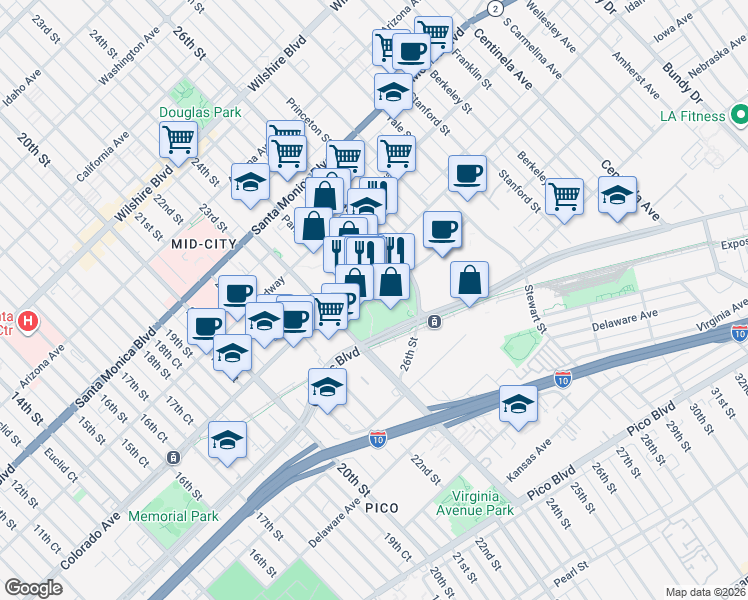 map of restaurants, bars, coffee shops, grocery stores, and more near 1930 Arizona Avenue in Santa Monica