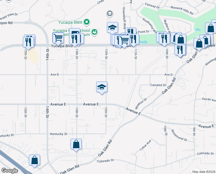 map of restaurants, bars, coffee shops, grocery stores, and more near 32871 Avenue D in Yucaipa