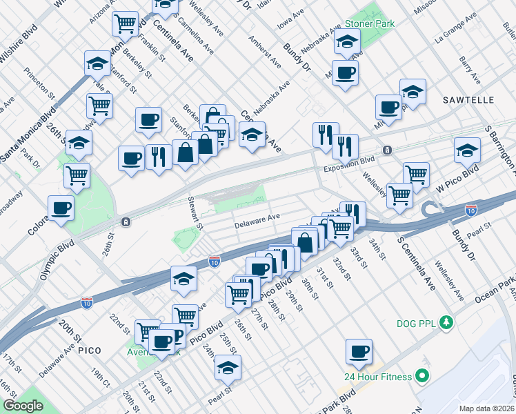map of restaurants, bars, coffee shops, grocery stores, and more near 2948 Exposition Boulevard in Santa Monica