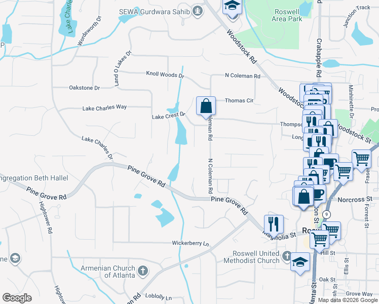 map of restaurants, bars, coffee shops, grocery stores, and more near 1090 Crest Brook Lane in Roswell