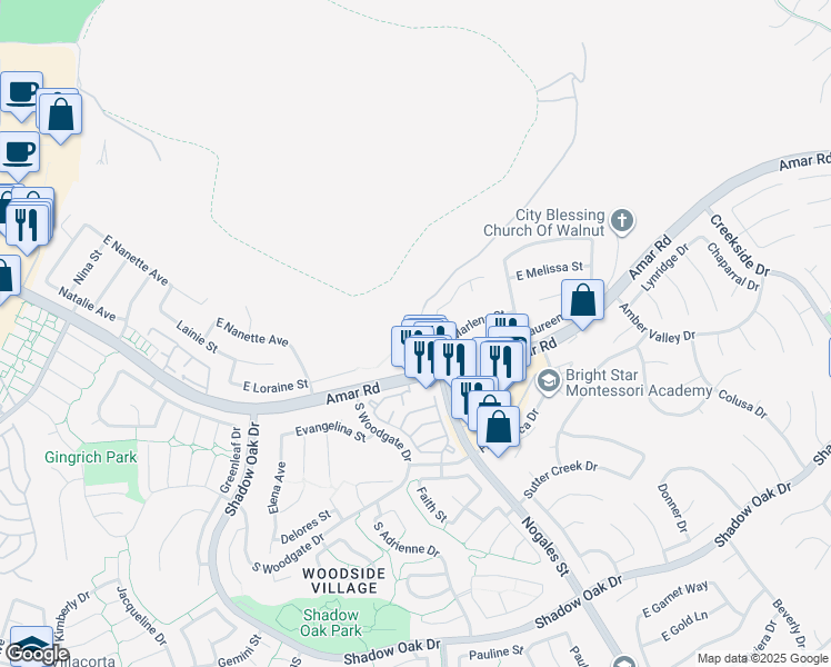 map of restaurants, bars, coffee shops, grocery stores, and more near 2505 East Marlena Street in West Covina