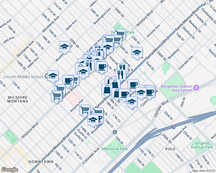 map of restaurants, bars, coffee shops, grocery stores, and more near 1311 19th Street in Santa Monica