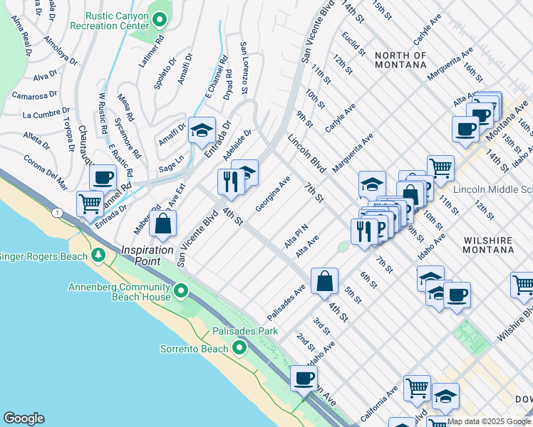 map of restaurants, bars, coffee shops, grocery stores, and more near 506 Marguerita Place North in Santa Monica