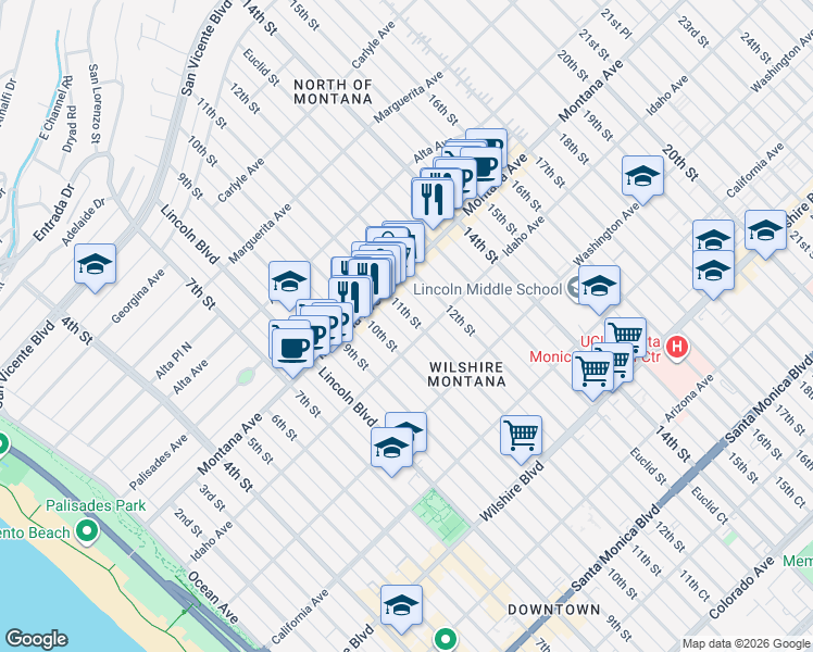 map of restaurants, bars, coffee shops, grocery stores, and more near 842 11th Street in Santa Monica