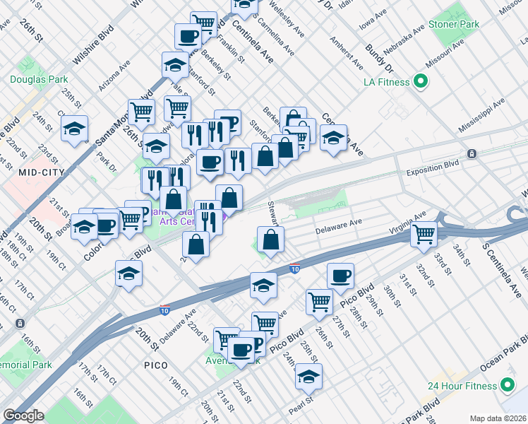 map of restaurants, bars, coffee shops, grocery stores, and more near 1800 Stewart Street in Santa Monica