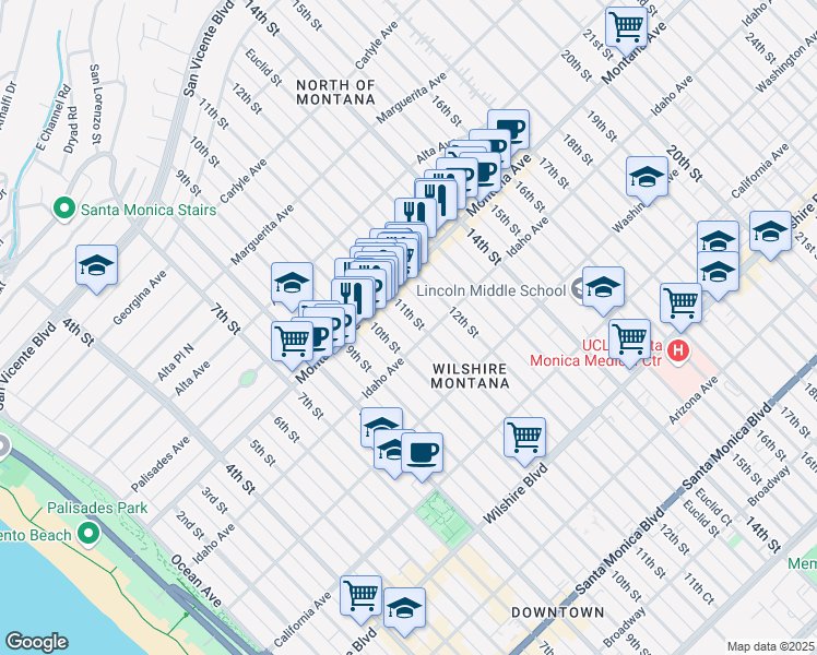 map of restaurants, bars, coffee shops, grocery stores, and more near in Santa Monica