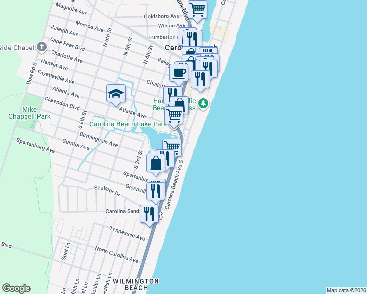 map of restaurants, bars, coffee shops, grocery stores, and more near 503 Lake Park Boulevard South in Carolina Beach