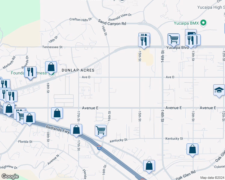 map of restaurants, bars, coffee shops, grocery stores, and more near 12375 16th Street in Yucaipa