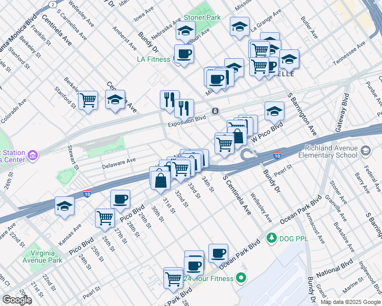 map of restaurants, bars, coffee shops, grocery stores, and more near 2111 South Centinela Avenue in Santa Monica