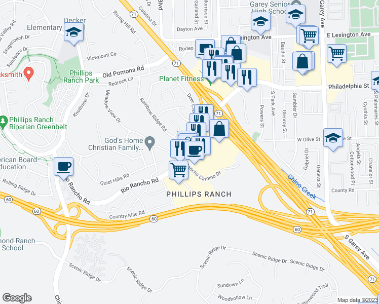 map of restaurants, bars, coffee shops, grocery stores, and more near 62 Rio Rancho Road in Pomona