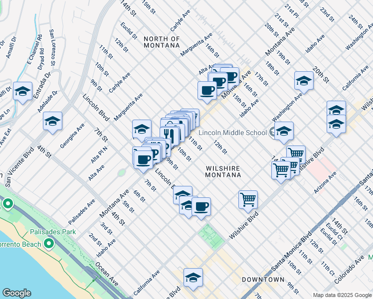 map of restaurants, bars, coffee shops, grocery stores, and more near 827 10th Street in Santa Monica