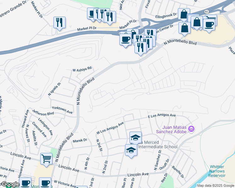 map of restaurants, bars, coffee shops, grocery stores, and more near 1165 Poppy Court in Montebello