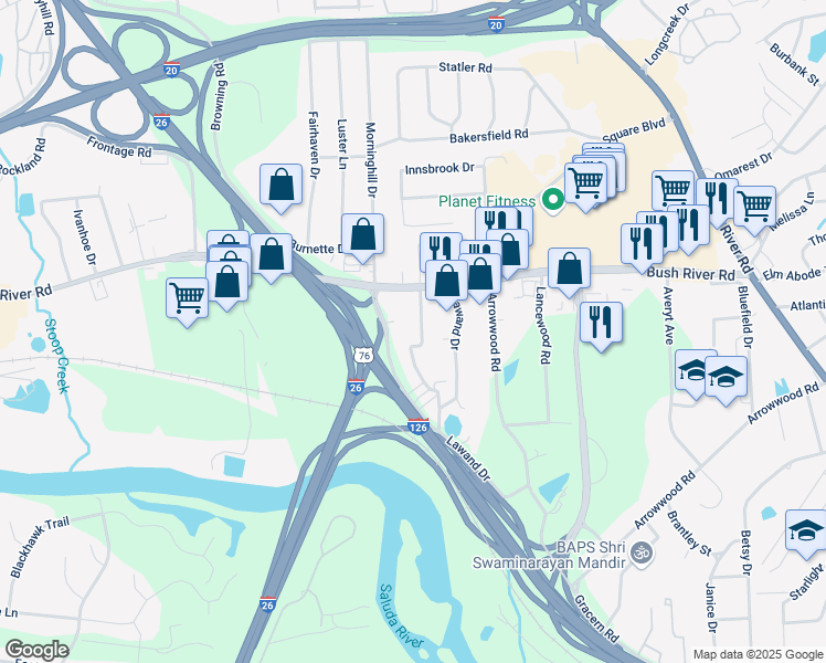map of restaurants, bars, coffee shops, grocery stores, and more near 125 Latonea Drive in Columbia