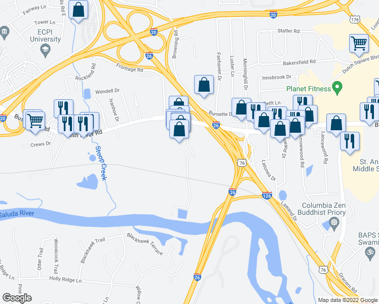 map of restaurants, bars, coffee shops, grocery stores, and more near 1324 Bush River Road in Columbia