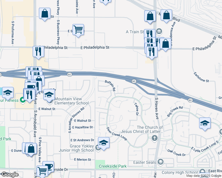 map of restaurants, bars, coffee shops, grocery stores, and more near 3125 Antler Road in Ontario