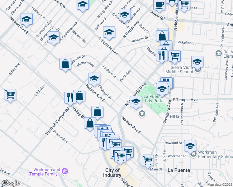 map of restaurants, bars, coffee shops, grocery stores, and more near 15363 Las Vecinas Drive in La Puente