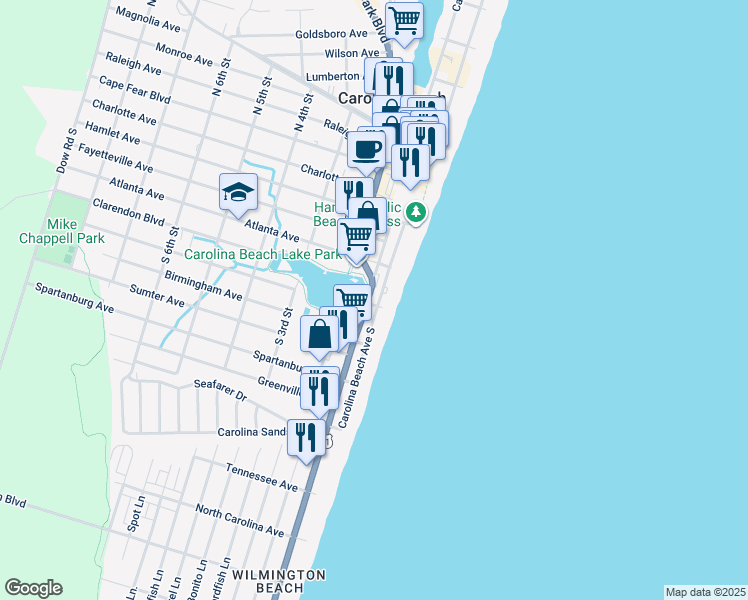map of restaurants, bars, coffee shops, grocery stores, and more near 504 Carolina Beach Avenue South in Carolina Beach