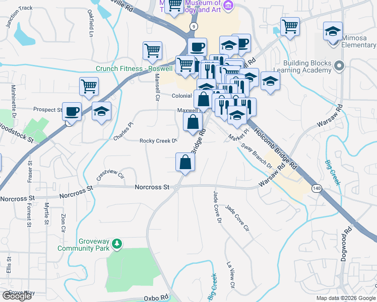 map of restaurants, bars, coffee shops, grocery stores, and more near 1120 Grimes Bridge Road in Roswell
