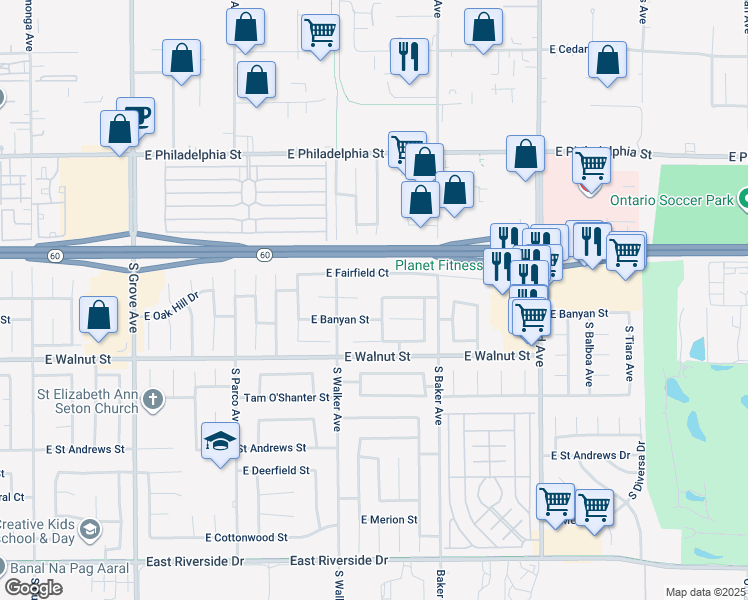 map of restaurants, bars, coffee shops, grocery stores, and more near 2442 South Pinehurst Place in Ontario