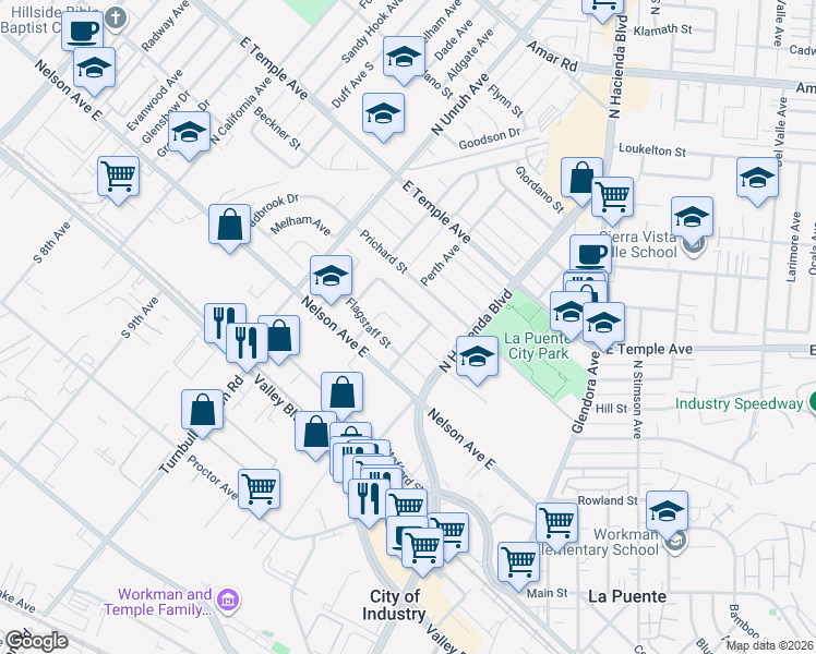 map of restaurants, bars, coffee shops, grocery stores, and more near 15363 Las Vecinas Drive in La Puente