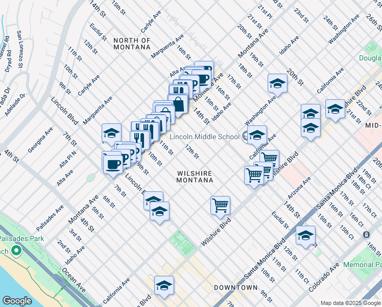 map of restaurants, bars, coffee shops, grocery stores, and more near 918 12th Street in Santa Monica