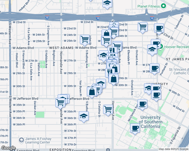 map of restaurants, bars, coffee shops, grocery stores, and more near 1495 West 29th Street in Los Angeles