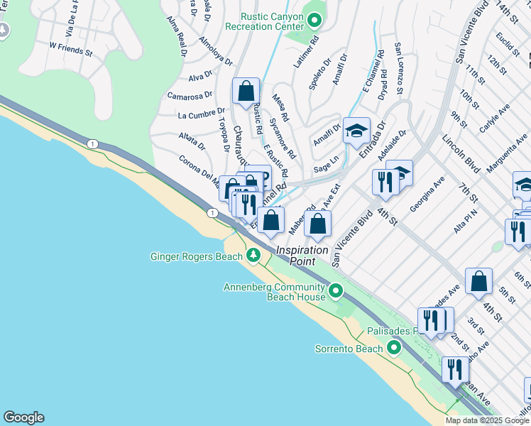 map of restaurants, bars, coffee shops, grocery stores, and more near 160 West Channel Road in Santa Monica