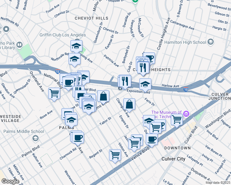 map of restaurants, bars, coffee shops, grocery stores, and more near 10100 National Boulevard in Los Angeles