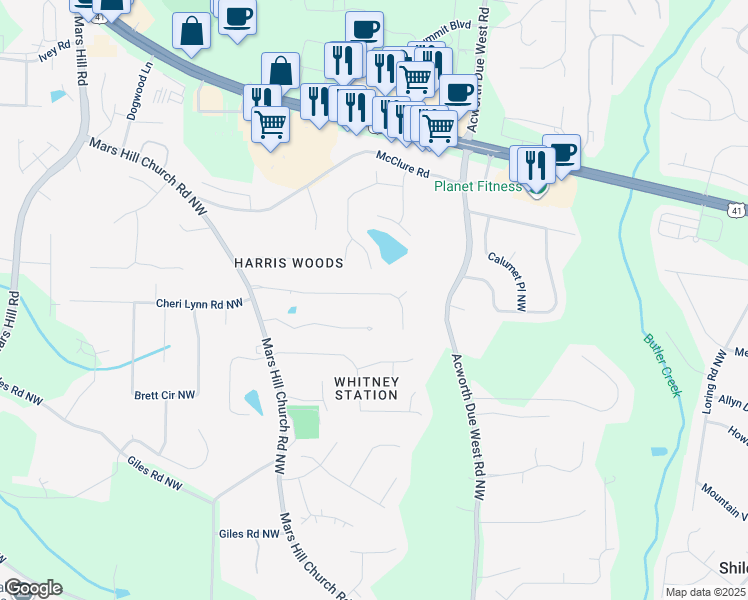 map of restaurants, bars, coffee shops, grocery stores, and more near 4602 Stewart Reilly Drive in Acworth