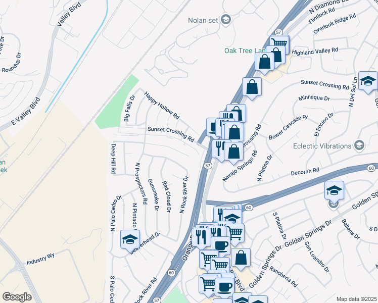 map of restaurants, bars, coffee shops, grocery stores, and more near 23031 Dry Creek Road in Diamond Bar