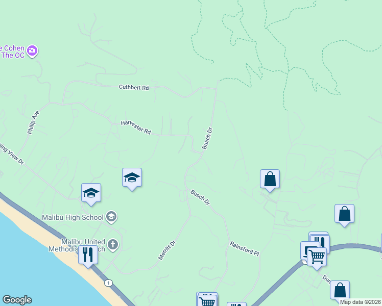 map of restaurants, bars, coffee shops, grocery stores, and more near 29600 Harvester Road in Malibu