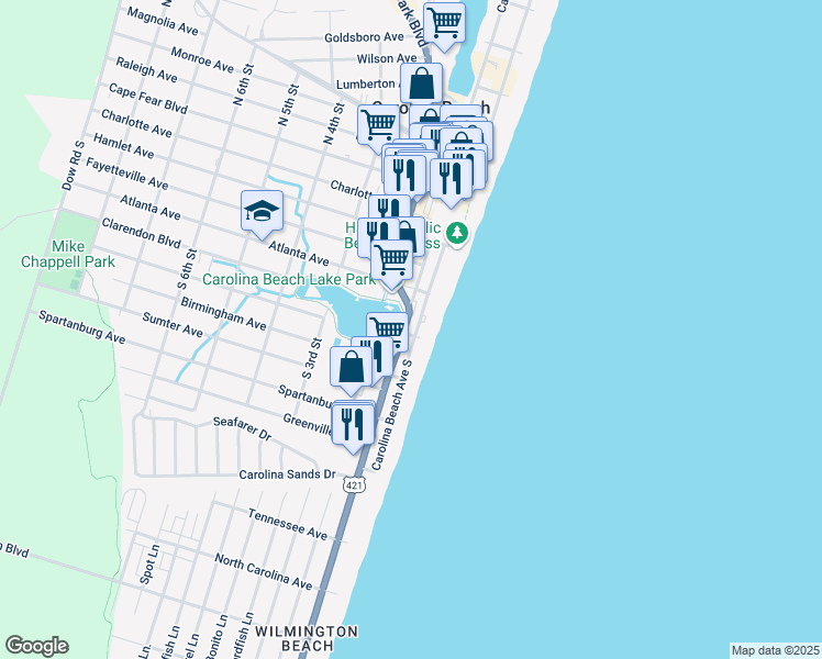 map of restaurants, bars, coffee shops, grocery stores, and more near 503 Lake Park Boulevard South in Carolina Beach