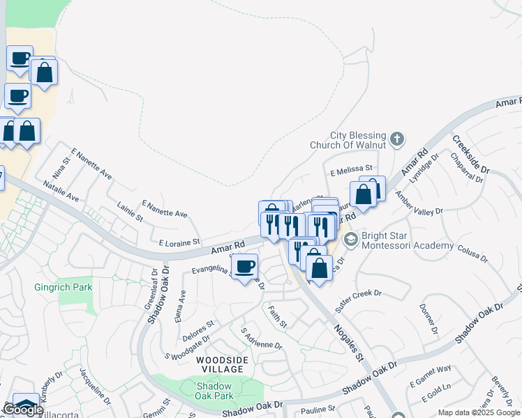 map of restaurants, bars, coffee shops, grocery stores, and more near 2505 East Marlena Street in West Covina