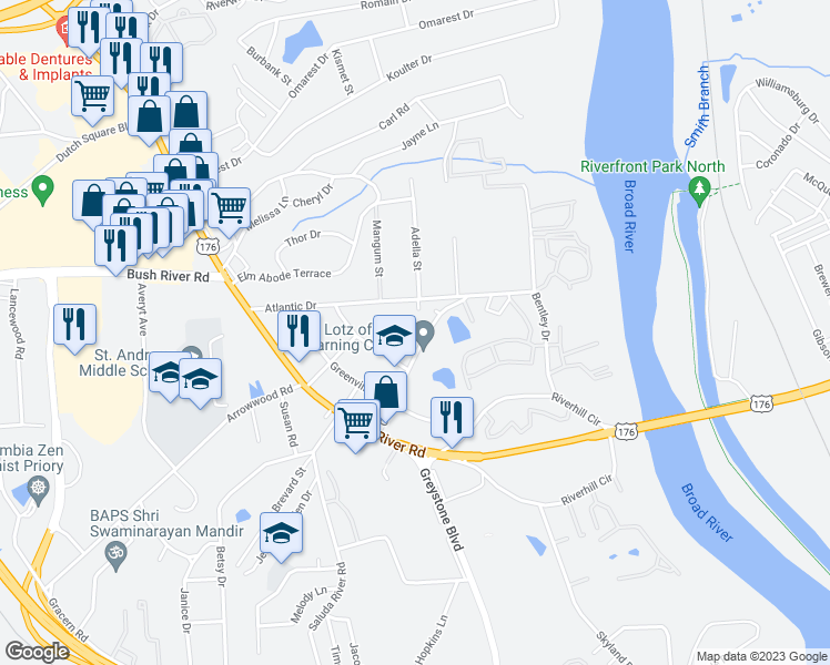 map of restaurants, bars, coffee shops, grocery stores, and more near 7 Canal Court in Columbia
