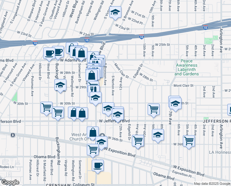 map of restaurants, bars, coffee shops, grocery stores, and more near 2918 South Norton Avenue in Los Angeles