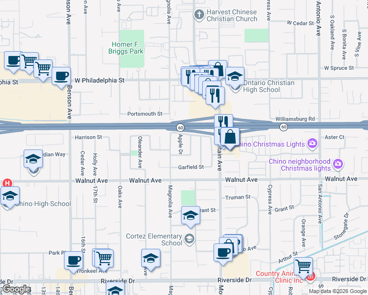 map of restaurants, bars, coffee shops, grocery stores, and more near 12364 Aralia Drive in Chino