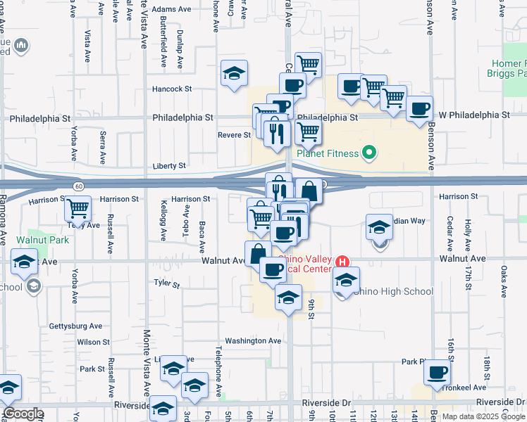 map of restaurants, bars, coffee shops, grocery stores, and more near 21351 Marshall Avenue in Chino