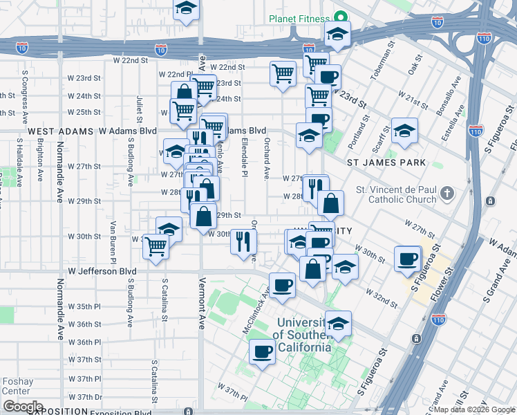 map of restaurants, bars, coffee shops, grocery stores, and more near 2814 Ellendale Place in Los Angeles
