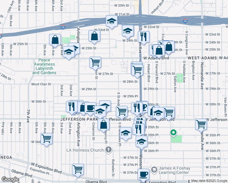 map of restaurants, bars, coffee shops, grocery stores, and more near 2112 West 29th Street in Los Angeles