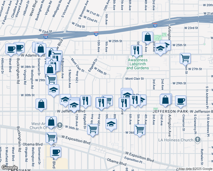 map of restaurants, bars, coffee shops, grocery stores, and more near 2915 9th Avenue in Los Angeles
