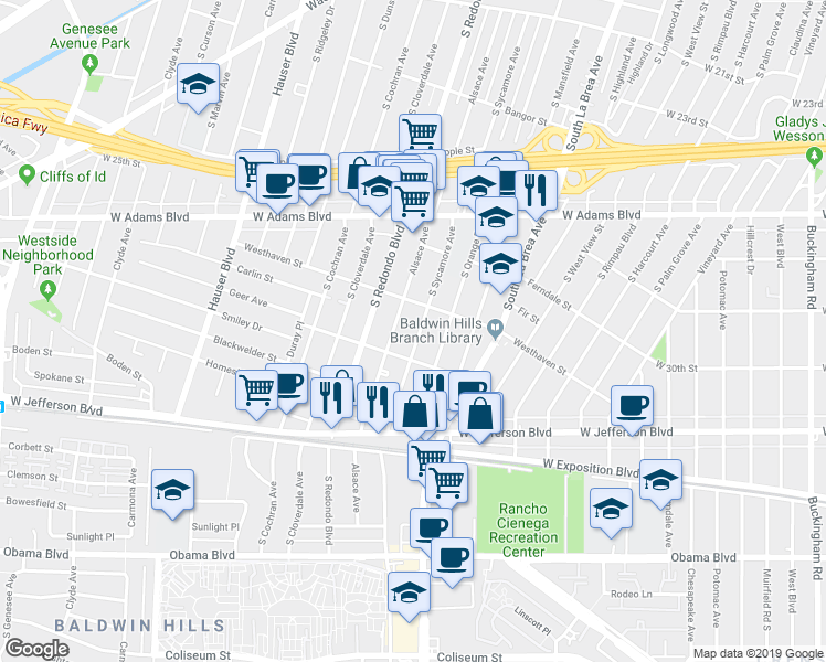 map of restaurants, bars, coffee shops, grocery stores, and more near 2823 South Sycamore Avenue in Los Angeles
