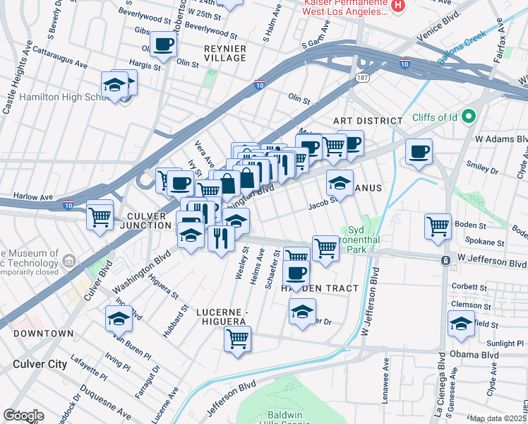 map of restaurants, bars, coffee shops, grocery stores, and more near 3331 Caroline Avenue in Culver City