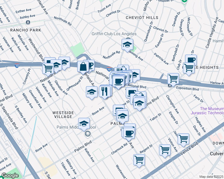 map of restaurants, bars, coffee shops, grocery stores, and more near 10480 National Boulevard in Los Angeles