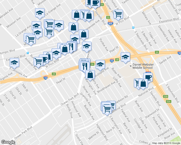 map of restaurants, bars, coffee shops, grocery stores, and more near 2533 Federal Avenue in Los Angeles